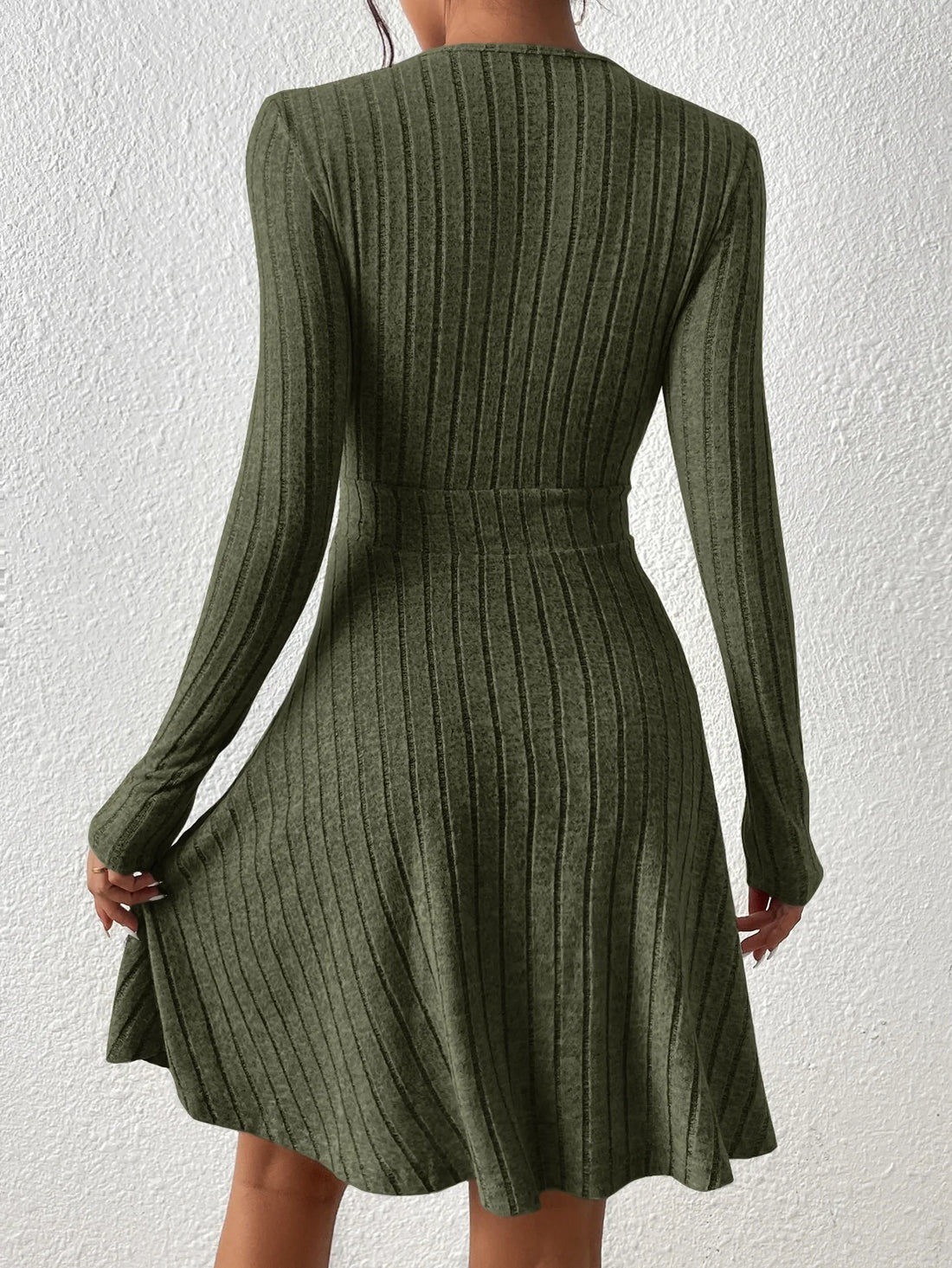 Slim Fit V-Neck Knit Dress for Women – Long Sleeve Winter Bodycon Sweater Dress
